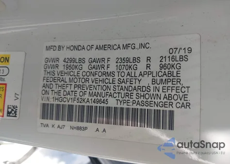 2019 Honda Accord Ex-L from USA, damaged, VIN 1HGCV1F52KA149645